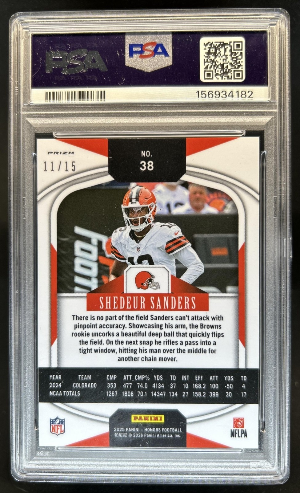 2025 Panini Honors Shedeur Sanders Rookies RC Blue Rookie #/15 Browns PSA 10 view 2