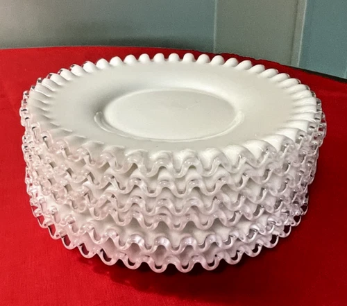 Vintage 6 Milk Glass Luncheon/Dessert Plates with Clear, Ruffled Edges, ELEGANT!