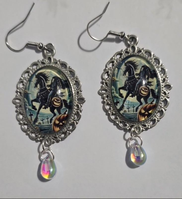 Handcrafted artisan headless horseman glass Cameo Earrings 