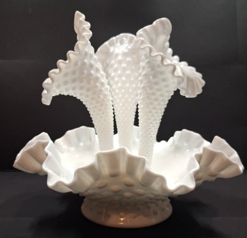 Vintage Fenton Hobnail Epergne 3-Horn White Milk Glass Trumpet Vase Bowl