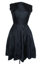 Vintage 50s Dress Black Brocade Fit Flare Floral XS Sleeveless Full Skirt