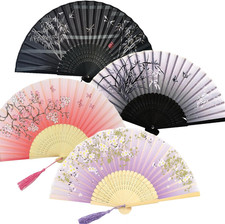 4 PCS Handheld Bamboo Fans, Chinese Silk Folding Fans with Bamboo Frames, Wom...