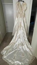 Princess Lace Wedding Bridal Gown Sweep Train Heart Neck 1980s Puff Sleeve Sz 6