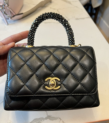 CHANEL Black Quilted Mini Top Handle Bag Crystal Handle Chain Strap Gold HW
