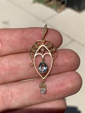 15ct Gold Aquamarine Natural Pearl Pendant, 1890s Art Nouveau 15k 625