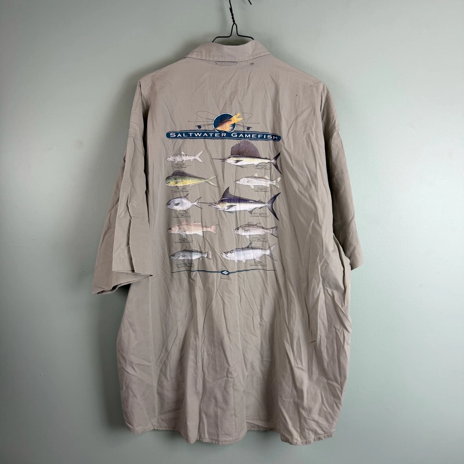 Columbia Saltwater Gamefish XXL 100% Cotton Fish Shirt Vintage Beige Tan