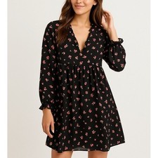 Forever 21 Babydoll Mini Dress MEDIUM Black Floral Feminine Romantic Alexis