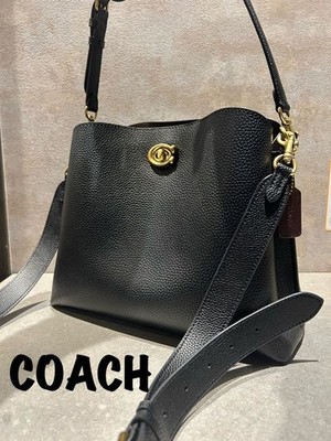 Coach Willow 2-Wege Leder Drehverschluss schwarz Schultertasche groß Arbeit S...