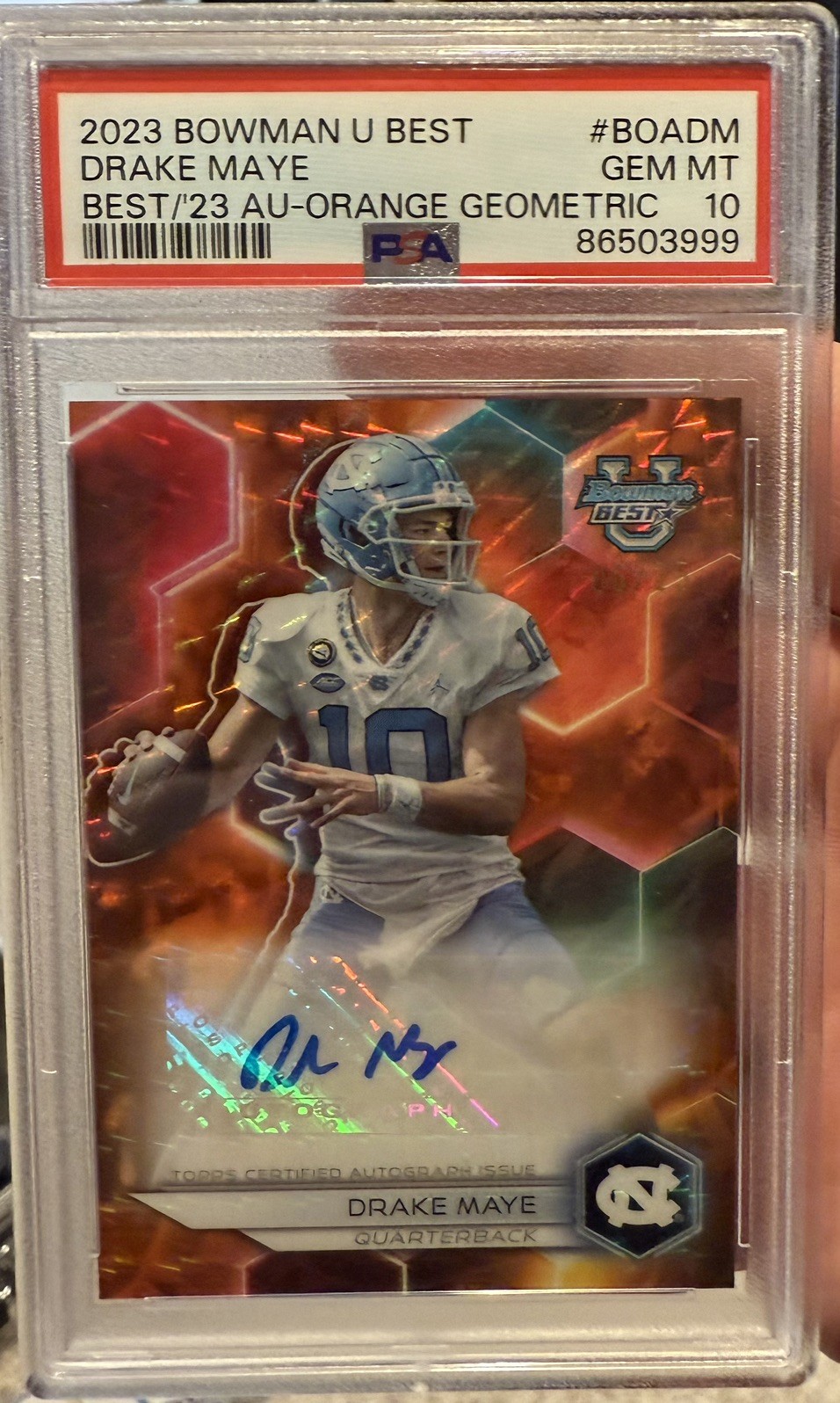 Drake Maye North Carolina Tar Heels 2023 Bowmans U Best #BOA-DM Orange Geometric PSA 10 Auto Patriots 