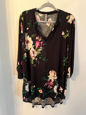Honeyme Curvy Top Womens Size XXL Black Floral Print Tunic Blouse Top 3/4 Sleeve