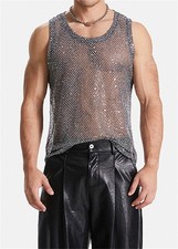Men Mesh Fishnet See Through Sleeveless Tank Tops Casual T Shirts Muscle Shirt