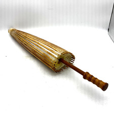 Vintage Asian Bamboo Paper Parasol Umbrella Hand Painted Floral Design Wood Vtg