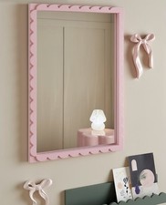 Pink Scalloped Edge Wall Hanging Mirror for Bedroom Living Room Hallway Decor