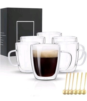 Glass Coffee Mugs Set Of 6, 13.5 OZ Insulated Double Wall Coffee Cups And Spoons