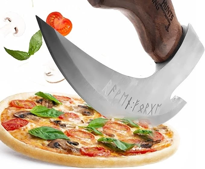 Cuchillo de hacha cortador de pizza vikingo hecho a mano hoja de acero al carbono mango de palo de rosa regalo Foto 4 de 4