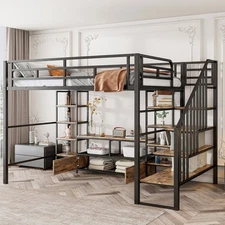 Metal Loft Bed w/ Stairs & Storage - Black