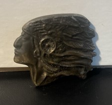 Vintage Small Brass Belt Buckle Native American Chief with Feathered Headdress
