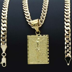 Mens 18K Gold Plated Cuban Jesus cross Virgin Mary pendant necklace chain Link 