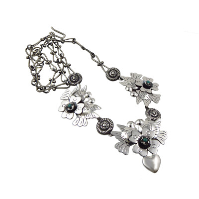Lange Maria Belen Taxco Lovebird Taube und Blumen 925 Sterlingsilber Halskette