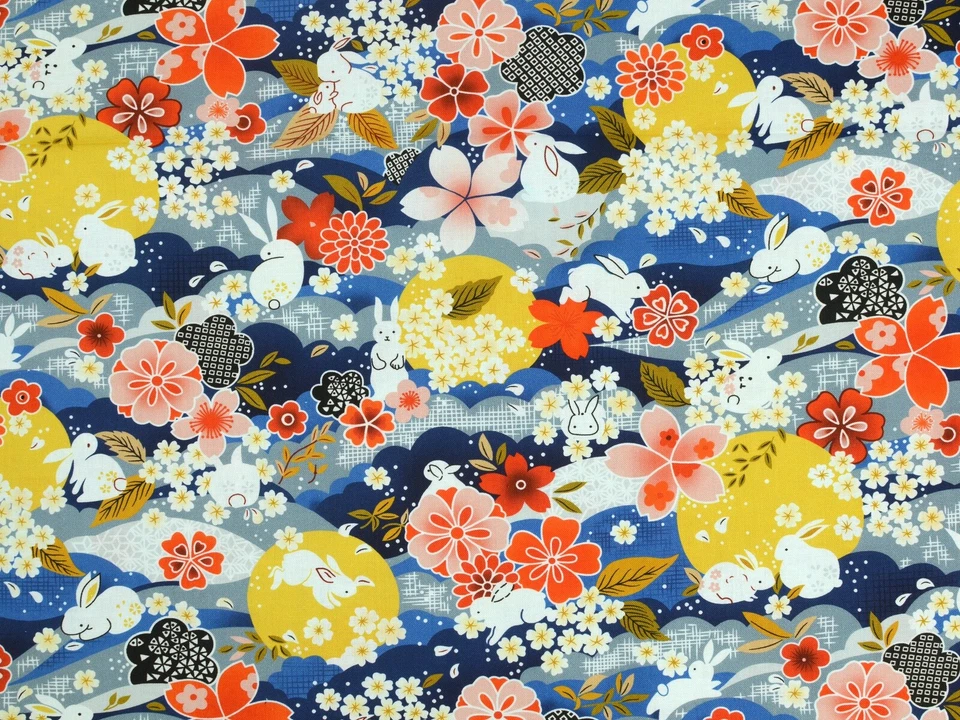 Sakura And Bunnies 100% Cotton Blue Fat Quarter Fabric Quilting FQ #0175 - image 4 of 4