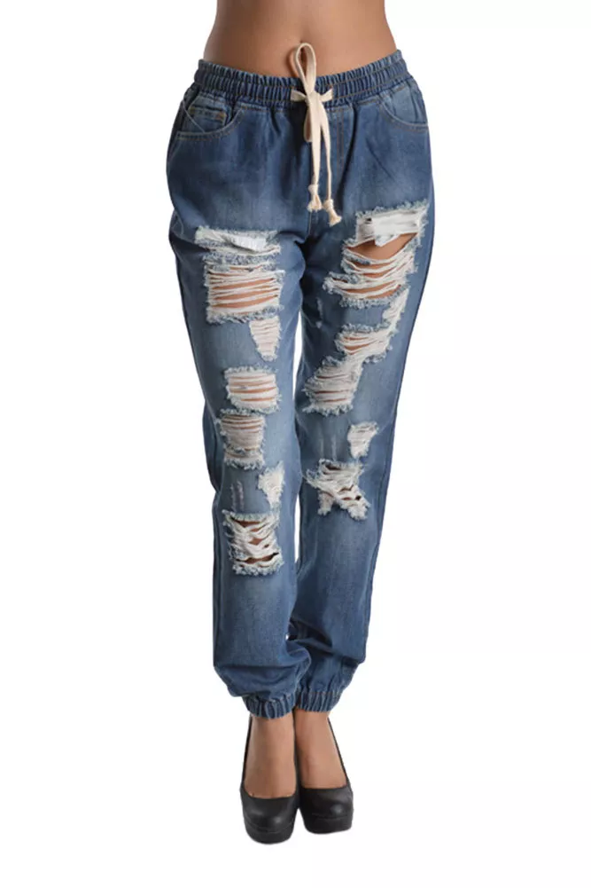 G-Style USA Women's Athletic Destructed Ripped Denim Jogger Pants