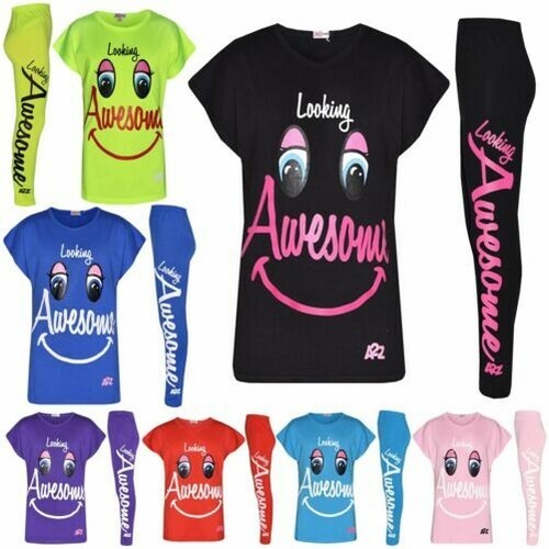 Girls Top Kids Designer's Looking Awesome Print T Shirt & Legging Set 5-13 Years - Picture 2 of 50