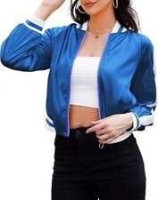 Women's Cropped Polyester Jacket - Blue Color Size XS XL Ribbed Collar/Cuff