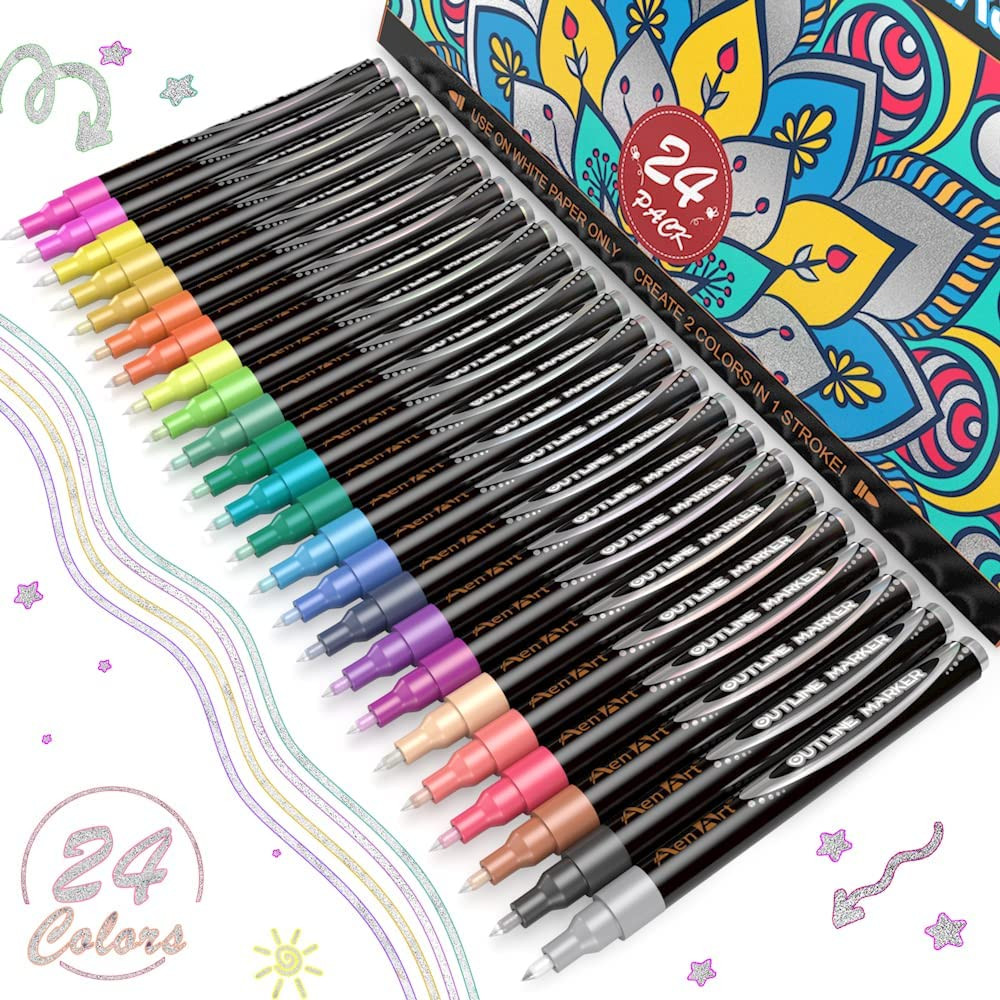 Super Squiggles Outline Pens, 24 Color Self-Outline Shimmer Markers Set, Doodle 