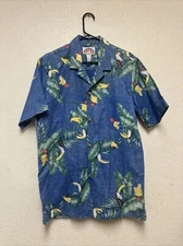 Vtg Paradise Found Men’s Blue Floral Hawaiian Cotton Shirt Toucan Sz M