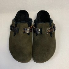 Birkenstock New w/ Box Boston Shearling Mocha/Black w/Reptile Embossed Strap Reg