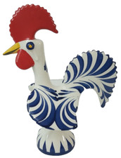 Rooster Chicken Figurine Folk Art Lucky Hand Painted Porcelain Blue Portugal 8.5