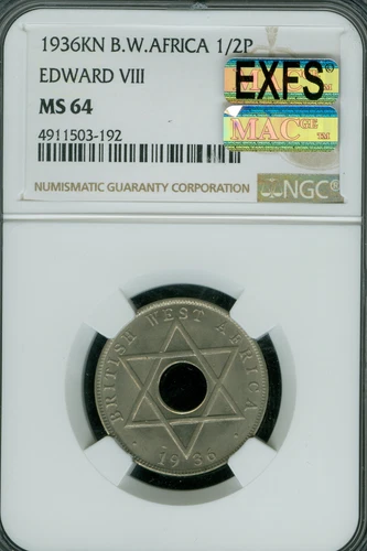 1936 BRITISH WEST AFRICA HALF PENNY NGC MS64 MAC EXFS 1ST STRIKE MAC SPOTLESS .