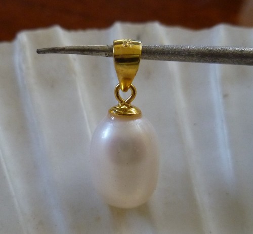 12mm WHITE Drop Freshwater Pearl PENDANT 14KT 1/20 GOLD 925 Sterling silver - Picture 3 of 3
