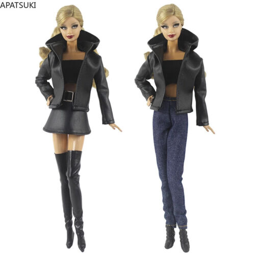 Schwarz Leder Kleidungsset für Barbie Puppen Mantel Oberteil Rock Hosen Schuhe - Bild 1 von 10