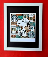🔥AIDAN FLUX | Hand Signed Authentic Print Framed SNOOPY LIKES STARBUCKS COA