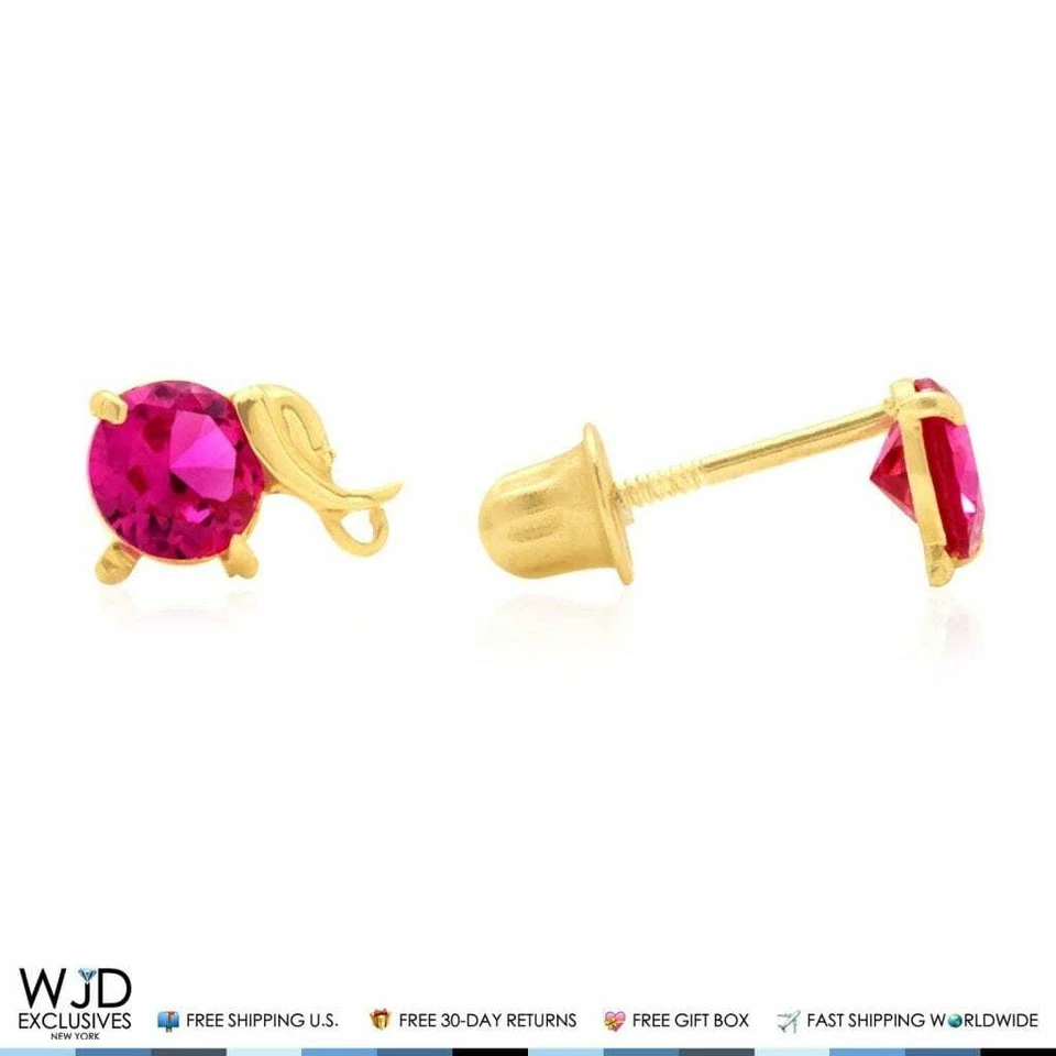 14K Yellow Gold Round Ruby Elephant Baby Screwback Stud Earrings - Image 2 of 3