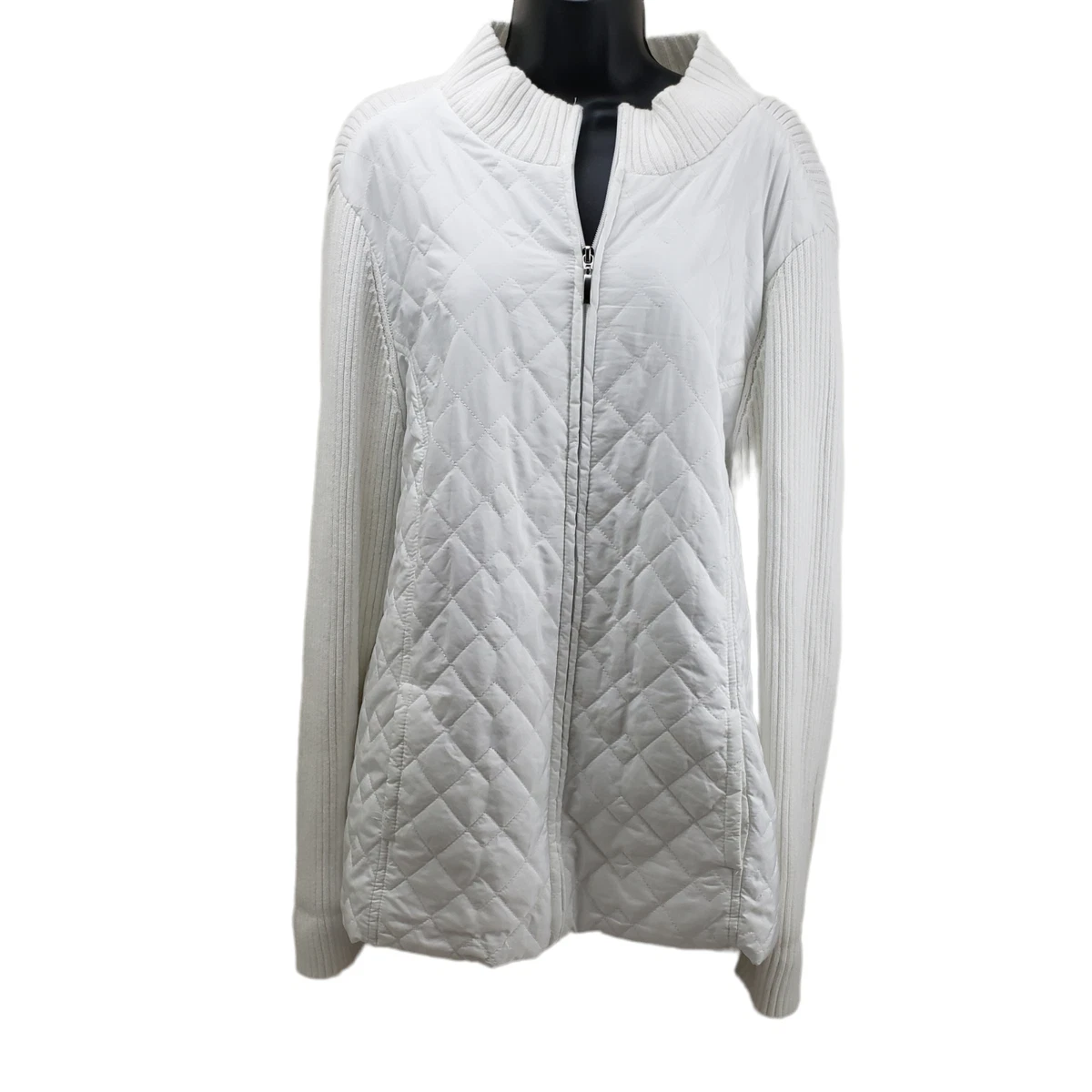 Croft Barrow Women s Sweater Jacket 1X White Quilted Front Zip Knit Lined Top