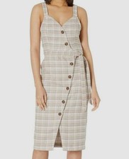 $112 J.O.A. Women Beige V-Neck Plaid Button-Front Sleeveless Wrap Sheath Dress M