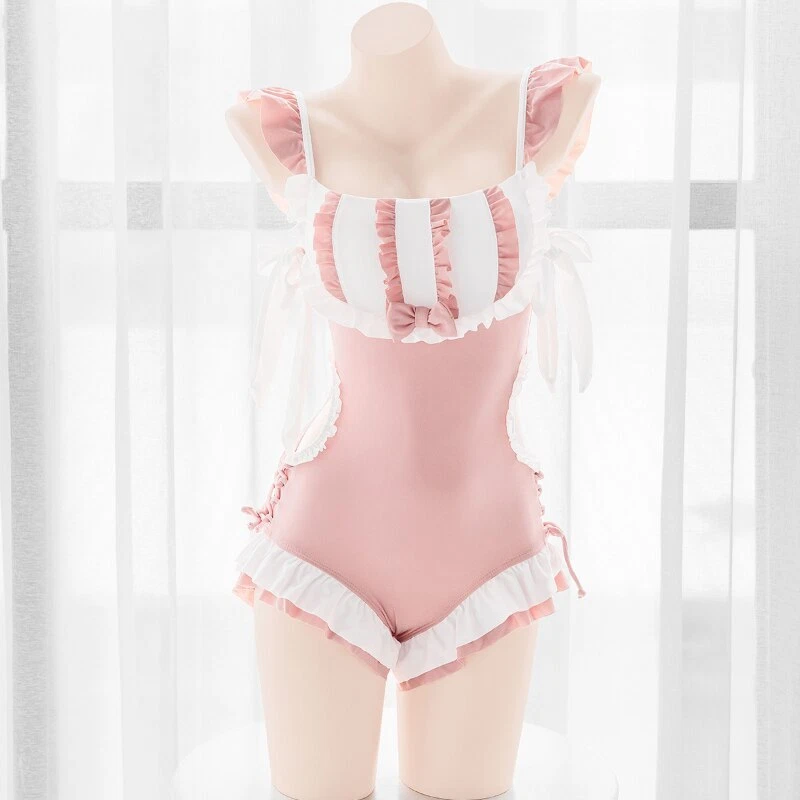 Traje de baño Lolita para niñas rosa melocotón con cordones y tirantes dulce volante ahuecado traje de baño Foto 4 de 4