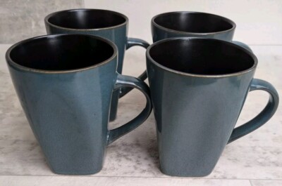 Gibson Kiesling Elite Stoneware Coffee Mugs Teal & Black 4 Pieces