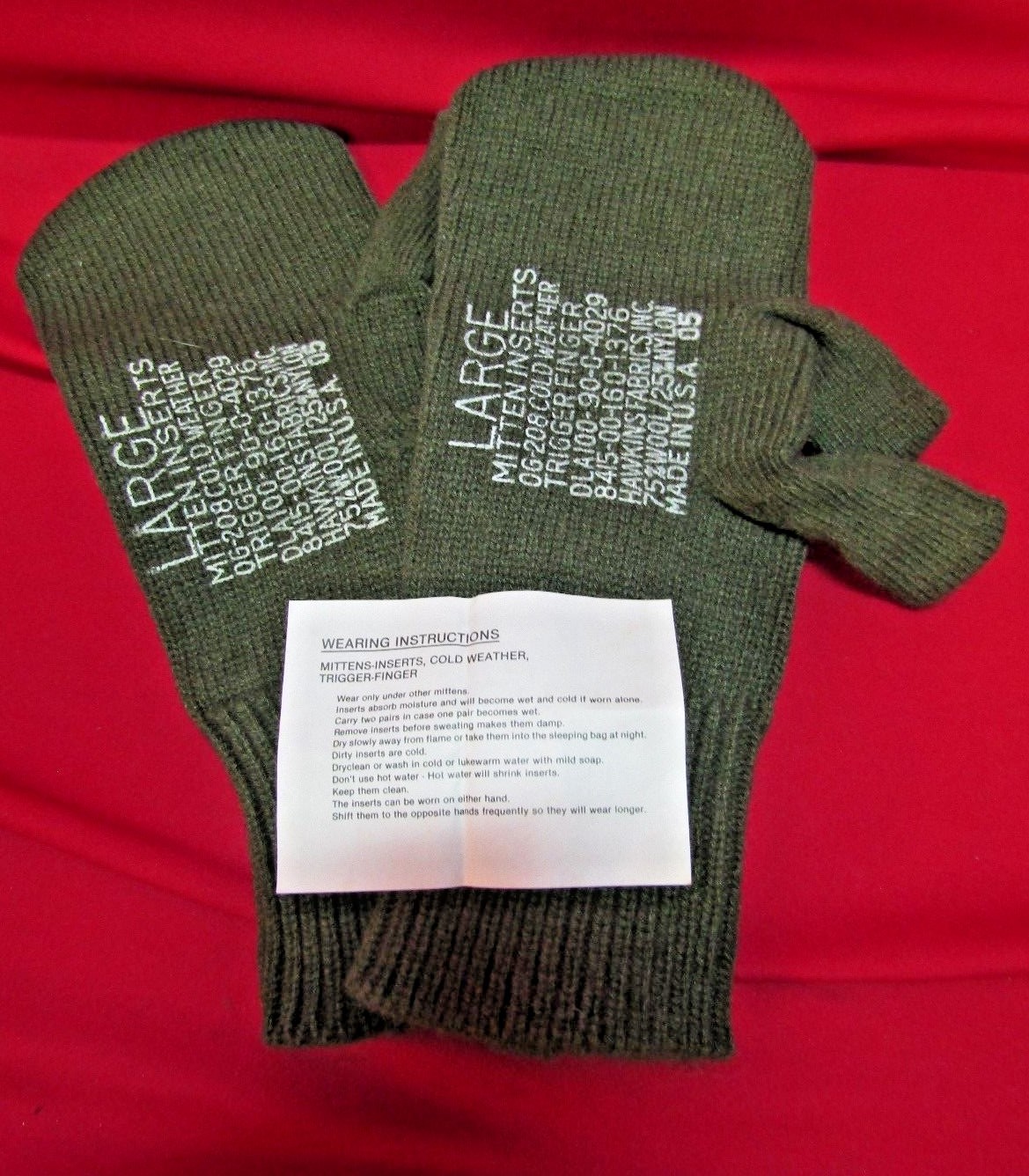 NOS USGI Cold Weather Trigger Finger Mitten Wool Liners Large Hawkins