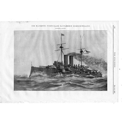 1903 Antique Engineering Print - HMS First Class Battleship Commonwealth