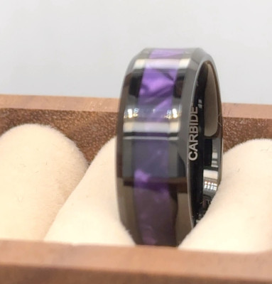 8mm Purple Tiger Cowrie Inlay Band Black Tungsten Thanksgiving Gift Ring For Her