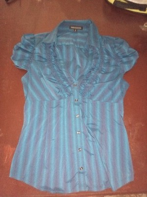 Express Design Studio Women's Blue Striped Collared Puff Sleeve Button Front M