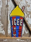 VINTAGE ICEE PORCELAIN SIGN OLD FROZEN ICED CARNIVAL DRINK BEAR CUP COLA POP 12"