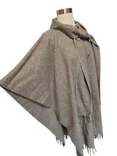 Womens Vintage Wool Poncho Coat With Scarf Fringe Edges Gray / Tan Long