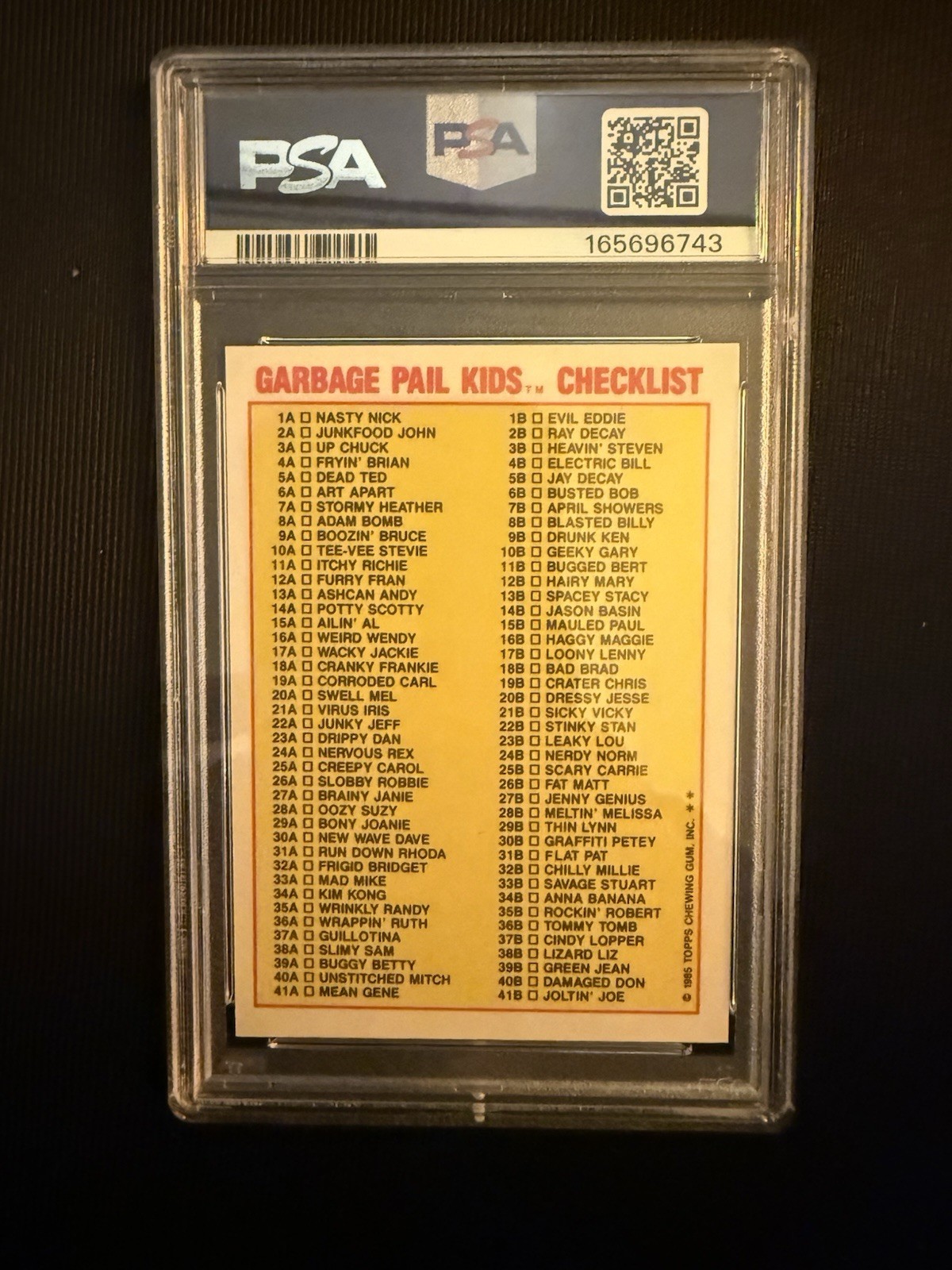 Topps 1985 Garbage Pail Kids Adam Bomb #8a PSA 6 Checklist Cert 165696743 view 2