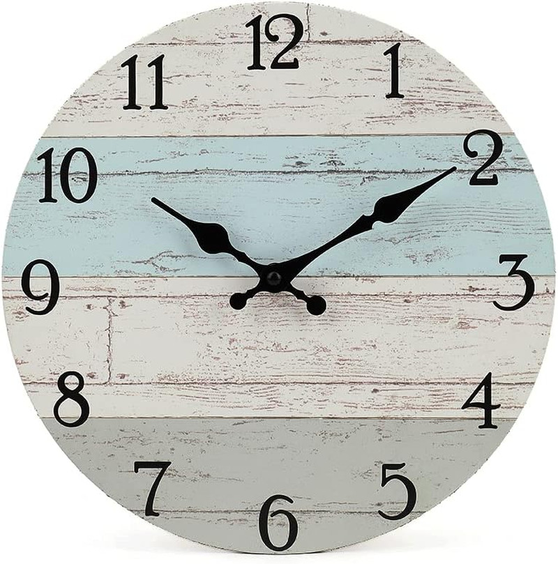 12 Silent Wooden Wall Clock Quartz Battery Operated Rustic Blue Decor