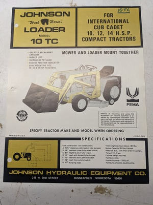 #ad JOHNSON WORK HORSE CUB CADET 10 14 LOADER MODEL 10TC SPECS ATTACHMENTS BROCHURE $156.75