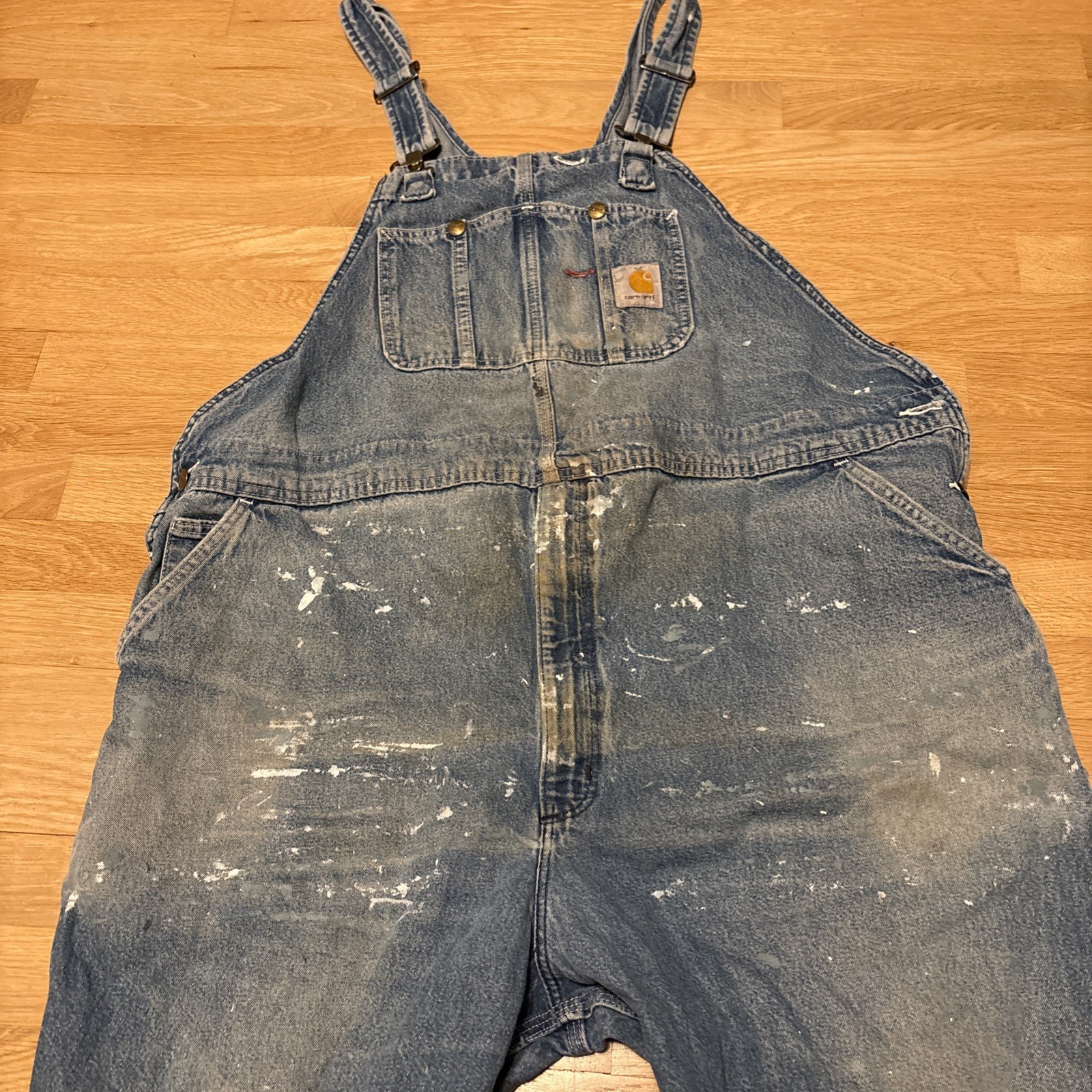 Carhartt R07 DST Mens Denim Jeans Carpenter Overalls Sz 48 X 26 Blue Distressed